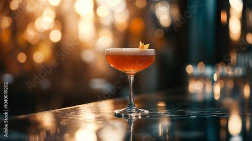 A modern Paper Plane in a sleek coupe glass, showcasing a vibrant orange liquid with a frothy top. The glass sits on a dark marble bar with soft, golden lighting reflecting off the surface, creating a