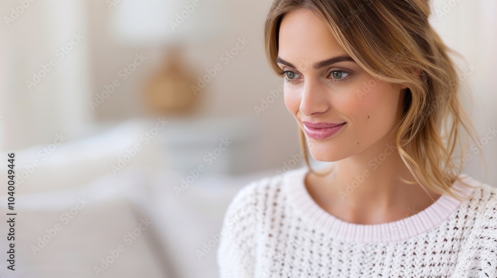 A woman with a soft smile gazes thoughtfully off-screen, showcasing a calm and serene expression in a cozy, softly lit environment. A woman with a soft smile gazes thoughtfully off-screen, showcasing a calm and serene expression in a cozy, softly lit environment.