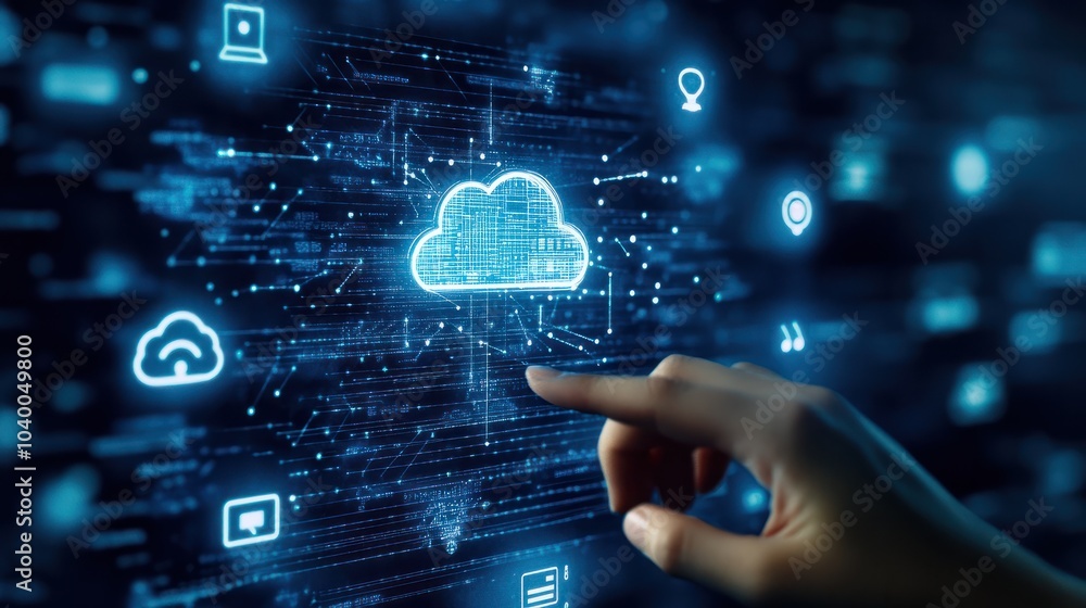 Hand touching a digital screen with icons of technology and online network connection, cloud storage, or security system on a dark blue background.