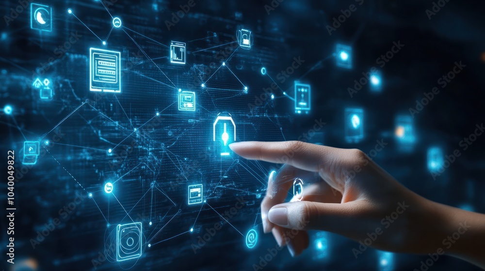 Hand touching a digital screen with icons of technology and online network connection, cloud storage, or security system on a dark blue background. Hand touching a digital screen with icons of technology and online network connection, cloud storage, or security system on a dark blue background.
