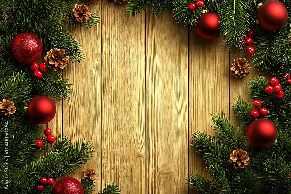 Christmas decoration design over wooden background. Empty space in the middle to add text or design. Generative Ai Christmas decoration design over wooden background. Empty space in the middle to add text or design. Generative Ai