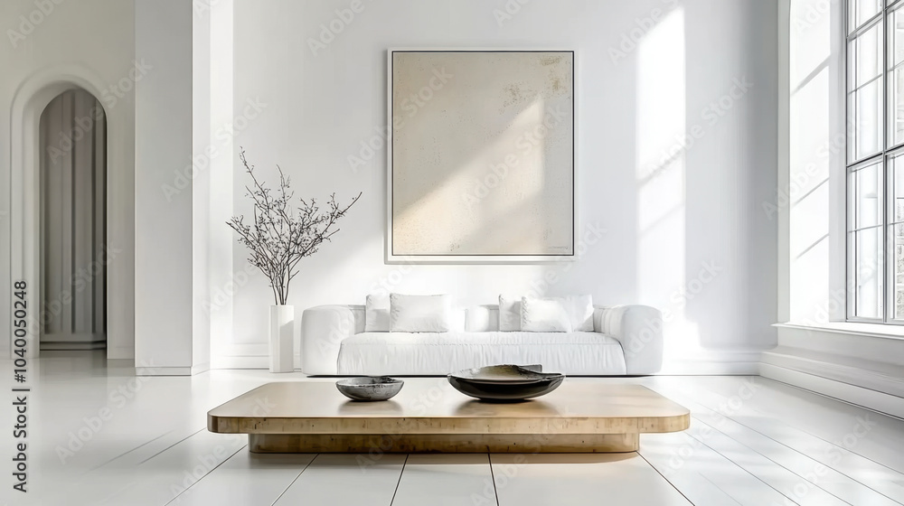Fototapeta premium Grunge old accent coffee table near white sofa against arched window