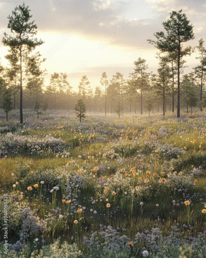Obraz premium A quaint city park blooming with wildflowers and native trees, embracing urban rewilding, natural landscaping, and gentle morning light.