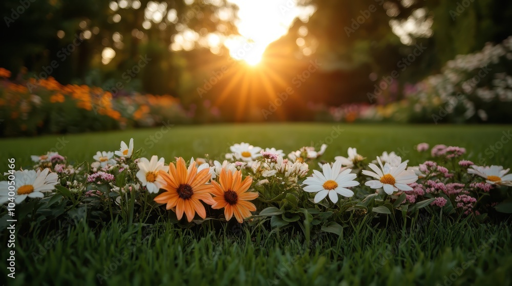 A range of colorful flowers including daisies are beautifully illuminated by warm sunset light, forming a stunning landscape reflecting tranquility, beauty, and elegance. A range of colorful flowers including daisies are beautifully illuminated by warm sunset light, forming a stunning landscape reflecting tranquility, beauty, and elegance.