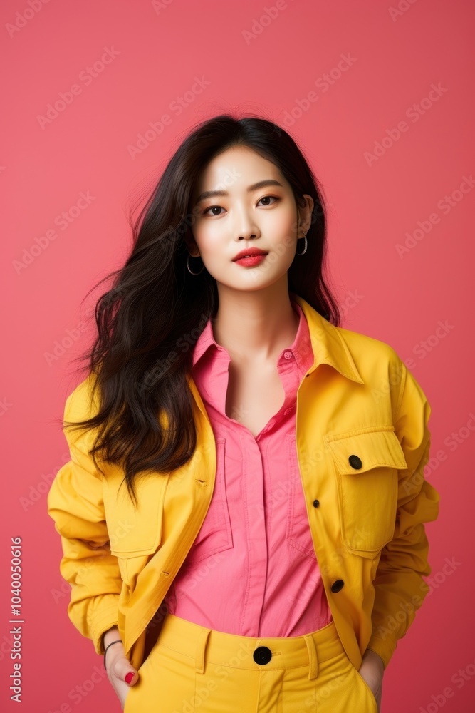 A korean woman in a wearing pink clothing portrait fashion yellow. A korean woman in a wearing pink clothing portrait fashion yellow.