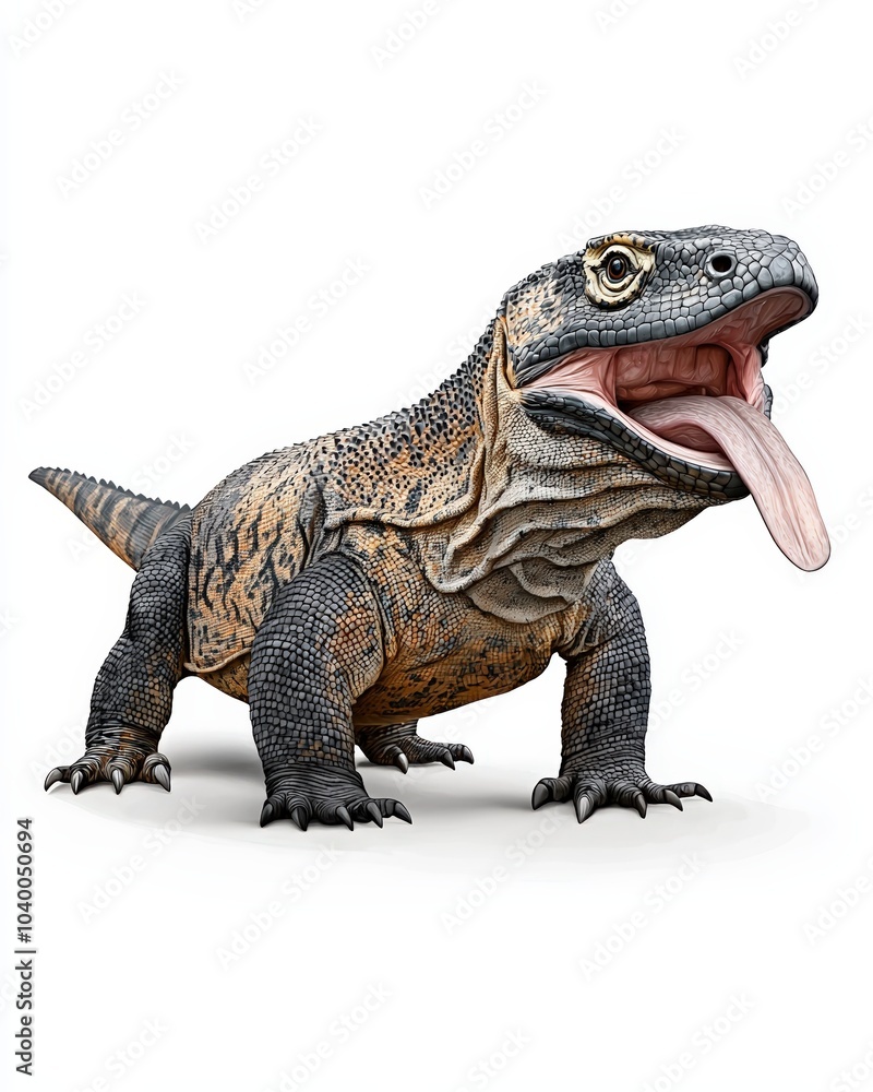 Naklejka premium A detailed illustration of a prehistoric creature resembling a large lizard with a prominent tongue and textured skin.