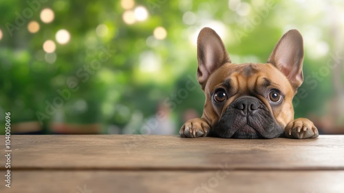 A cute French Bulldog resting its head on the table in a picturesque garden, surrounded by greenery and light, evoking peace and serenity. photo