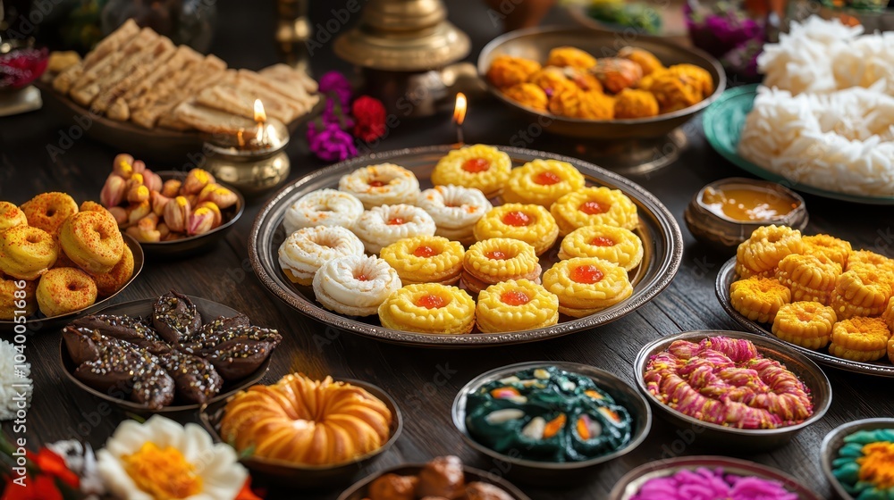 Traditional Diwali sweets arranged beautifully on a festive table, including fresh jalebi, laddoo, and barfi, set in a rustic kitchen with vibrant colors. Traditional Diwali sweets arranged beautifully on a festive table, including fresh jalebi, laddoo, and barfi, set in a rustic kitchen with vibrant colors.