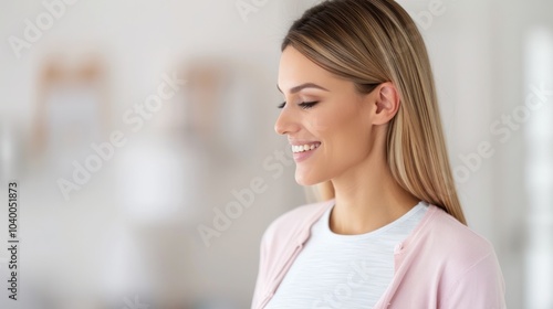 A smiling woman in a light cardigan poses in a bright, softly blurred indoor setting, exuding warmth and positivity.