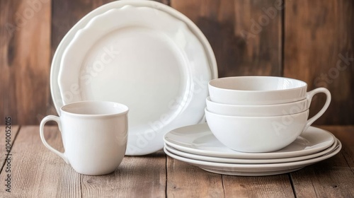 Wallpaper Mural Elegant White Ceramic Dishware Set on Wooden Background Torontodigital.ca
