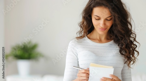 A young woman with curly hair is focused on writing in a notebook, suggesting creativity and contemplation in a bright, minimalistic environment.