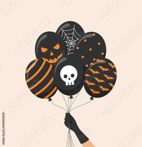 Hand in black glove holding black Halloween balloons. Flat vector illustration