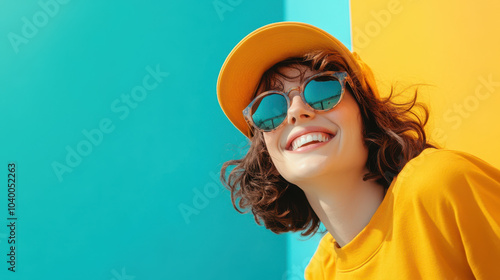 Wallpaper Mural cheerful woman wearing sunglasses and yellow cap smiles against vibrant turquoise and yellow background, radiating positivity and joy Torontodigital.ca