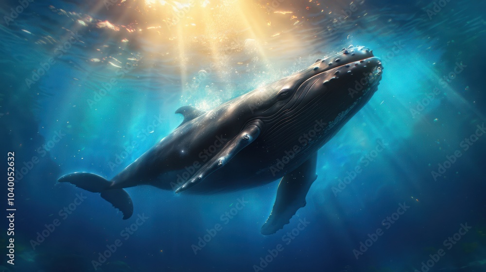 A majestic whale gracefully swims underwater, illuminated by shimmering sunlight filtering through the ocean surface. A majestic whale gracefully swims underwater, illuminated by shimmering sunlight filtering through the ocean surface.