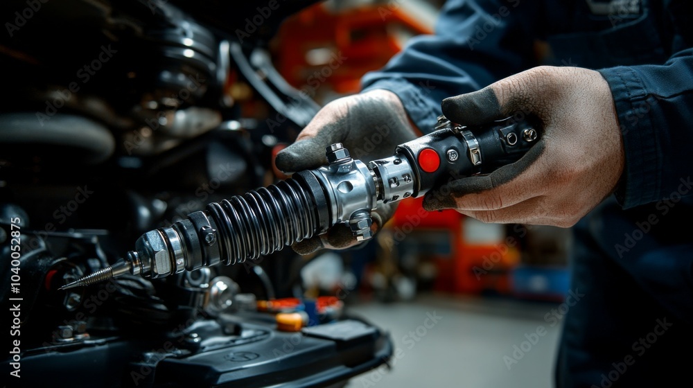 Mechanic's Hand Holding a Metal Hydraulic Hose Connector Mechanic's Hand Holding a Metal Hydraulic Hose Connector