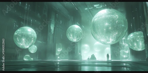 Two figures stand in a futuristic, ethereal chamber with large, glowing spheres suspended from the ceiling.