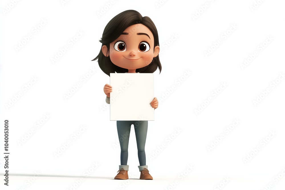 3d animation cartoon of adult standing, she is holding a blank white sign 3d animation cartoon of adult standing, she is holding a blank white sign