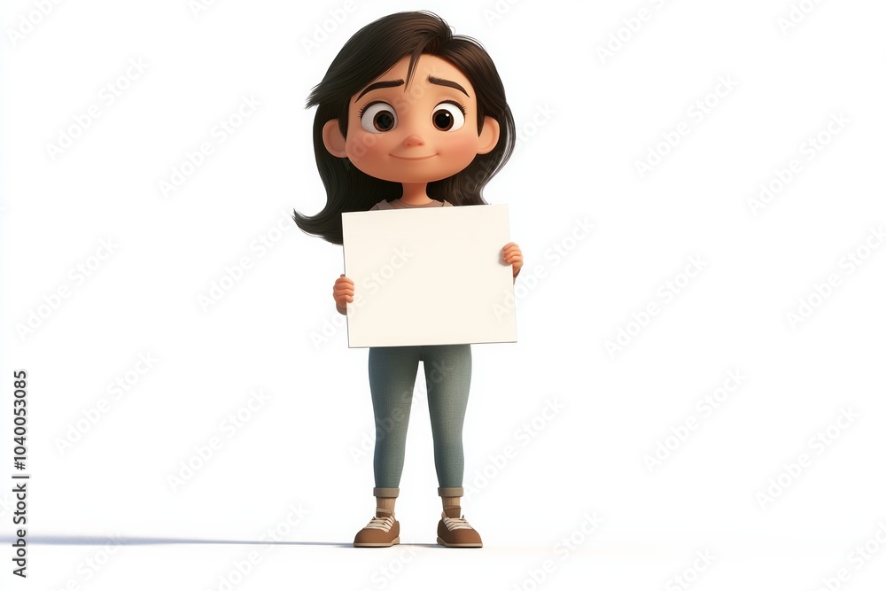 3d animation cartoon of adult standing, she is holding a blank white sign 3d animation cartoon of adult standing, she is holding a blank white sign