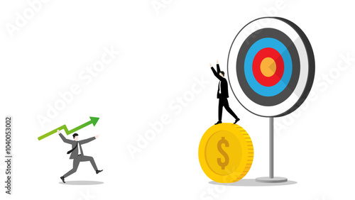 Businessman throws a green arrow javelin at a target, defended by richer competitor on a dollar coin, the rival challenge of leader in business goal. Market competition success in the corporate world