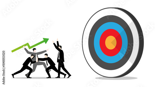 Businessman throws a green arrow javelin at a target, defended by competitors, the rivalry efforts to challenges of leadership in business goal. Market competition and success in the corporate world