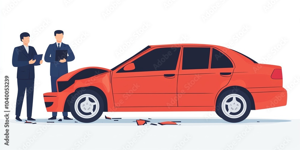 Accident scene with a red car and two men discussing damages. Accident scene with a red car and two men discussing damages.