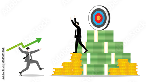 Businessman throws a green arrow javelin at a target, defended by richer competitor on money stack, the rival challenge of leader in business goal. Market competition success in the corporate world