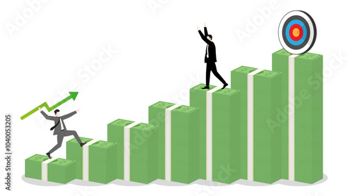 Businessman throws a green arrow javelin at a target, defended by a competitor on a banknotes bar graph, the rival challenge of leader in business goal. Market competition success in the corporate
