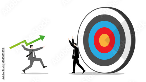 Businessman throws a green arrow javelin at a target, defended by competitor, the rivalry efforts to challenges of leadership in business goals. Market competition and success in the corporate world