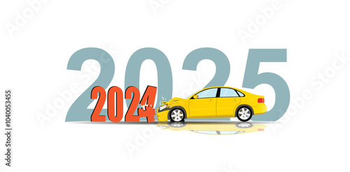 Accident. The yellow car crashed into the numbers of the old year. New Year 2025. Vector.