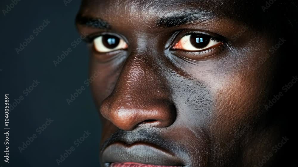 Portrait of A Man with Dark Skin, Intense Gaze, Side Profile, Studio Lighting Against Dark Background, Focus on Eyes and Facial Features, Expressive Emotions, Textured Skin Detail, High-Contrast Portrait of A Man with Dark Skin, Intense Gaze, Side Profile, Studio Lighting Against Dark Background, Focus on Eyes and Facial Features, Expressive Emotions, Textured Skin Detail, High-Contrast
