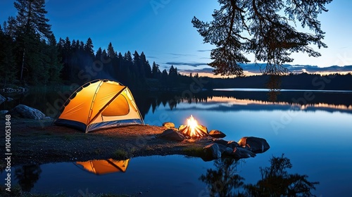 Camping scene with a tent and a campfire by a peaceful lake at sunset.