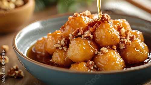 A traditional serving of Loukoumades, golden-fried dough balls drizzled with honey and sprinkled with cinnamon and crushed walnuts, served warm and crisp