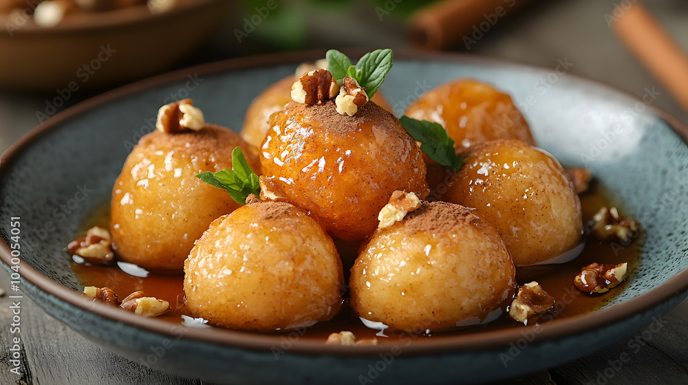 A traditional serving of Loukoumades, golden-fried dough balls drizzled with honey and sprinkled with cinnamon and crushed walnuts, served warm and crisp A traditional serving of Loukoumades, golden-fried dough balls drizzled with honey and sprinkled with cinnamon and crushed walnuts, served warm and crisp