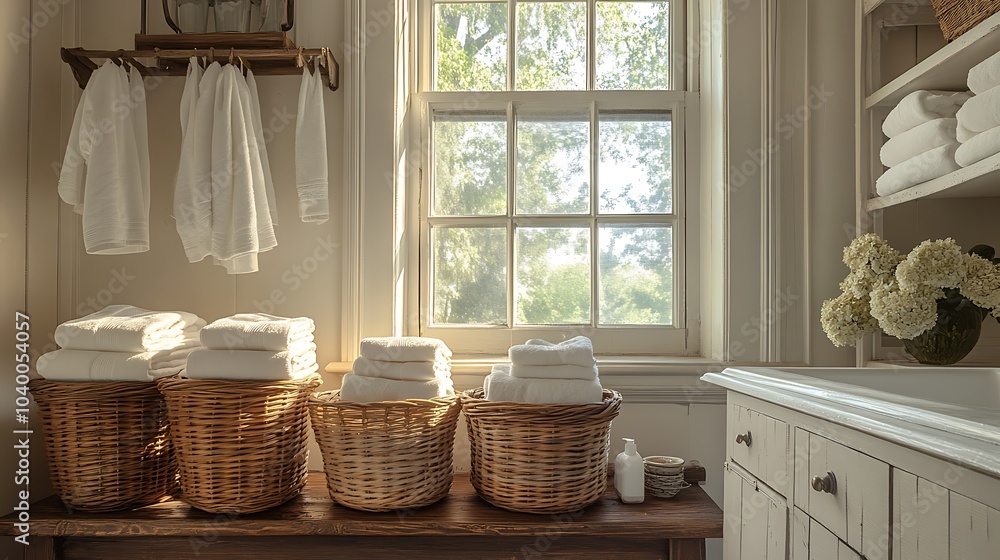 A serene laundry room with baskets of freshly folded linens, soft sunlight coming in through the window, the scent of clean fabric and soap in the air, an organized and peaceful setting, A serene laundry room with baskets of freshly folded linens, soft sunlight coming in through the window, the scent of clean fabric and soap in the air, an organized and peaceful setting,