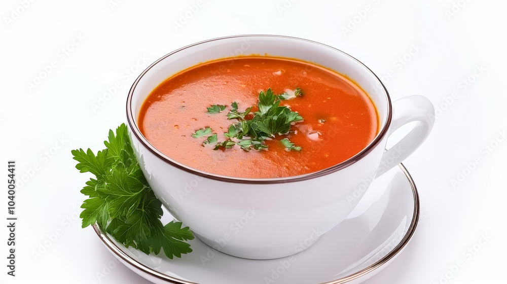 Una taza de sopa de tomate adornada con perejil fresco. La presentación sencilla resalta el color vibrante del tomate.
Una taza de sopa de tomate adornada con perejil fresco. La presentación sencilla resalta el color vibrante del tomate.