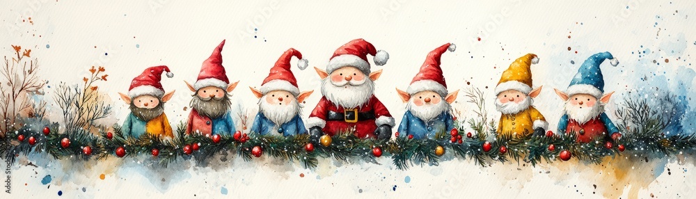 Festive Santa and Elves with Holiday Garlands Festive Santa and Elves with Holiday Garlands