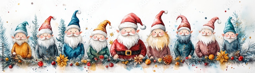 Festive Santa and Elves with Holiday Decorations Festive Santa and Elves with Holiday Decorations