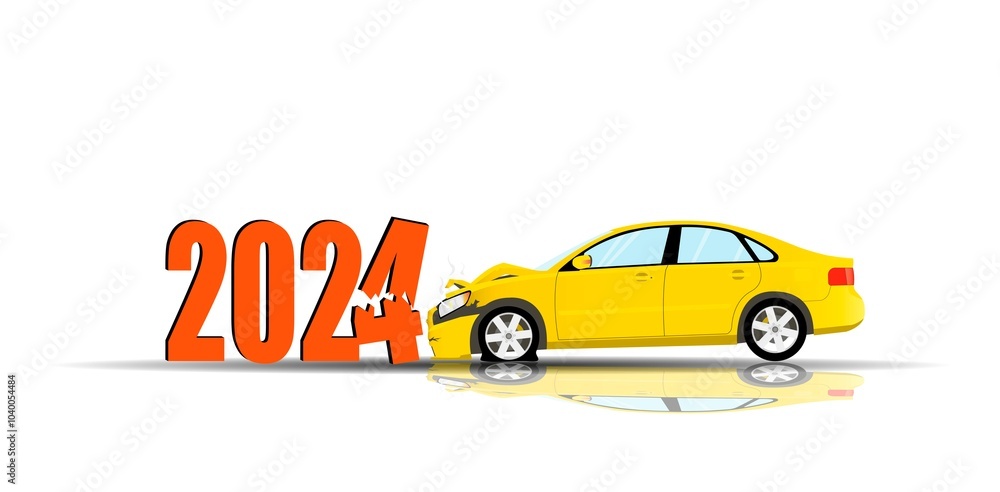 Naklejka premium Accident. The yellow car crashed into the numbers of the old year. New Year 2025.
