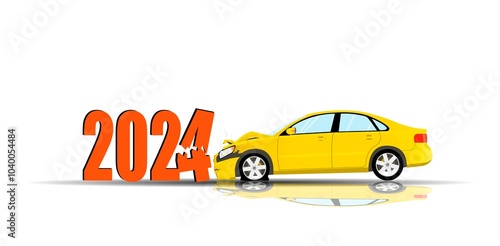 Accident. The yellow car crashed into the numbers of the old year. New Year 2025.