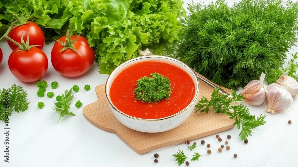 Un bol de sopa de tomate adornado con perejil fresco, rodeado de ingredientes como tomates, lechuga, ajo y eneldo fresco.
Un bol de sopa de tomate adornado con perejil fresco, rodeado de ingredientes como tomates, lechuga, ajo y eneldo fresco.