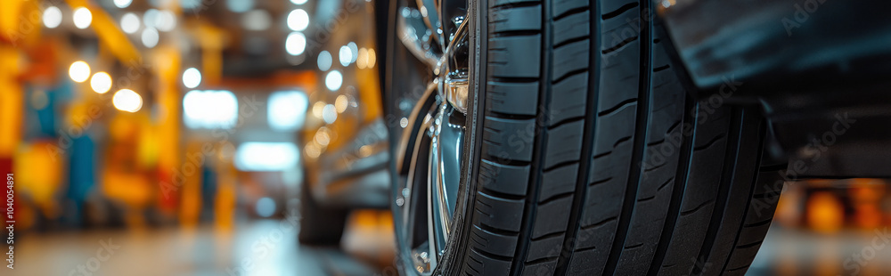 Close up of a car tire in a garage, with blurred lights and workshop tools in the background Close up of a car tire in a garage, with blurred lights and workshop tools in the background