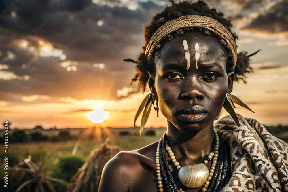 Portrait of a woman of the Mursi African tribe. Sunset sky clouds landscape blurred background. Portrait of a woman of the Mursi African tribe. Sunset sky clouds landscape blurred background.
