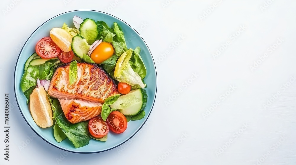 Un plato de ensalada con filete de pescado a la parrilla, rodajas de pepino, tomate cherry y limón. La presentación es fresca y colorida.
Un plato de ensalada con filete de pescado a la parrilla, rodajas de pepino, tomate cherry y limón. La presentación es fresca y colorida.