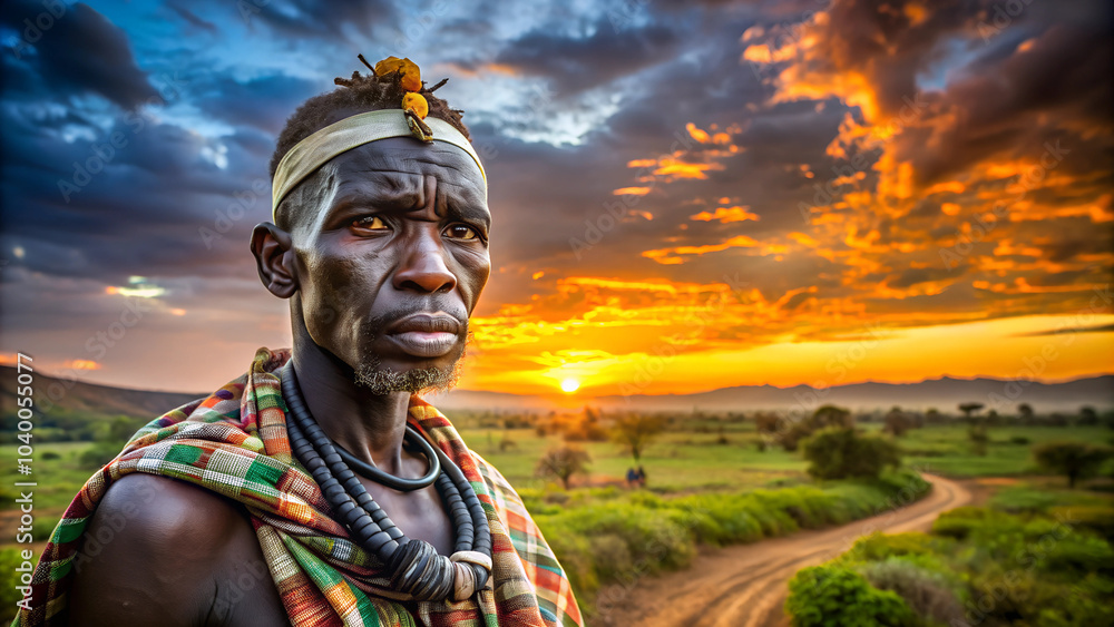 Portrait of a man of the Mursi African tribe. Sunset sky clouds landscape blurred background. copy space. Portrait of a man of the Mursi African tribe. Sunset sky clouds landscape blurred background. copy space.