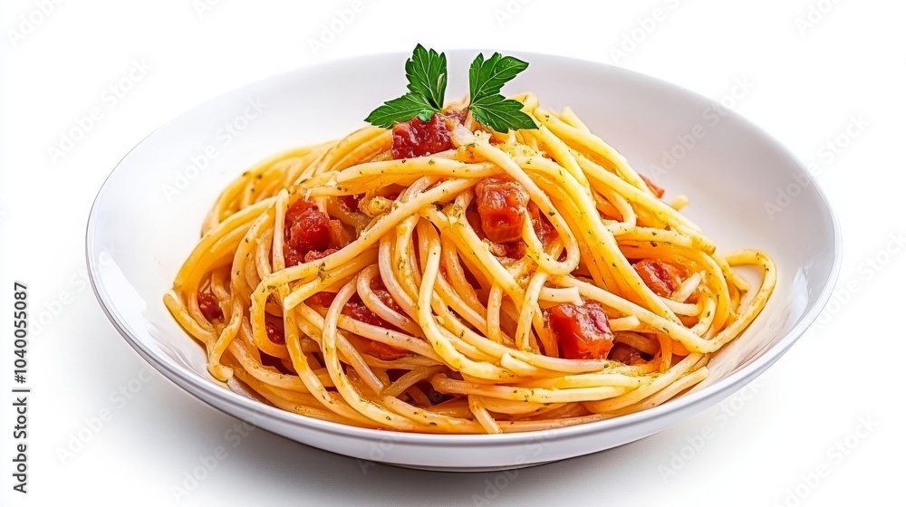 Un plato de espaguetis con salsa de tomate y panceta, decorado con una ramita de perejil fresco. Un clásico plato de pasta italiano.
Un plato de espaguetis con salsa de tomate y panceta, decorado con una ramita de perejil fresco. Un clásico plato de pasta italiano.