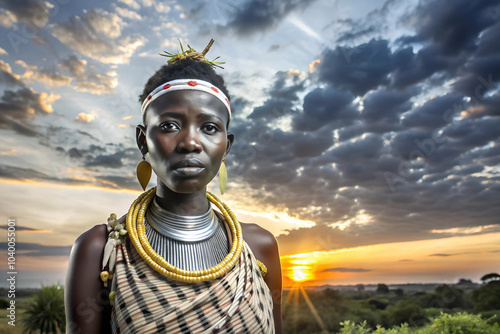 Portrait of a woman of the Mursi African tribe. Sunset sky clouds landscape blurred background. photo