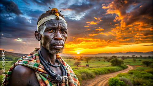 Portrait of a man of the Mursi African tribe. Sunset sky clouds landscape blurred background. copy space. photo