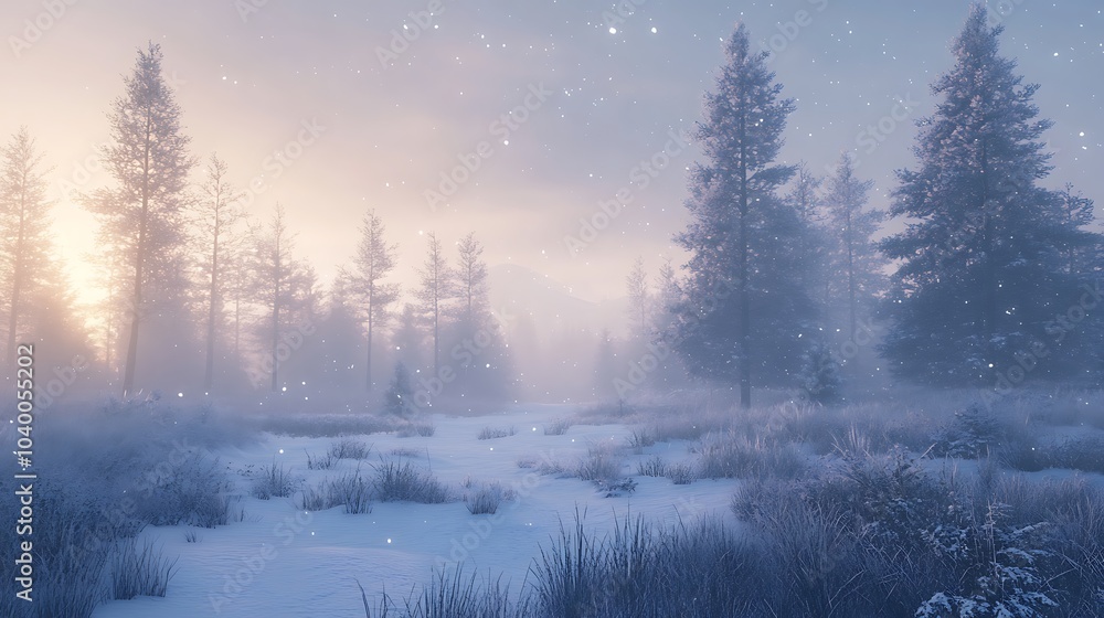 Fototapeta premium A serene winter landscape with snow-covered pine trees, soft morning light reflecting off the fresh snow, a cool breeze carrying the crisp scent of peppermint and pine,