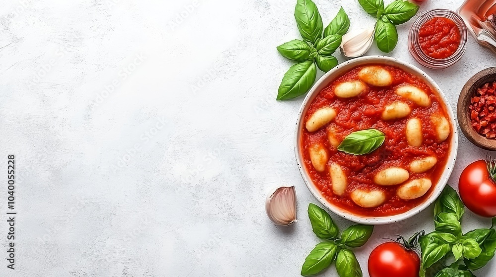 Un bol de salsa de tomate con frijoles blancos, decorado con hojas de albahaca fresca. Alrededor del bol, ingredientes como tomates y ajo.
Un bol de salsa de tomate con frijoles blancos, decorado con hojas de albahaca fresca. Alrededor del bol, ingredientes como tomates y ajo.