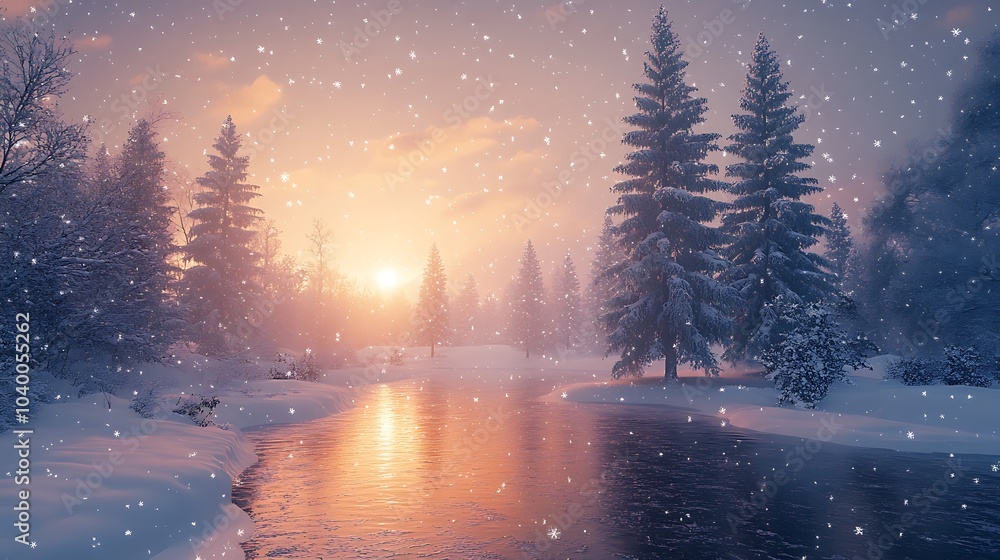 Fototapeta premium A serene winter landscape with snow-covered pine trees, soft morning light reflecting off the fresh snow, a cool breeze carrying the crisp scent of peppermint and pine,